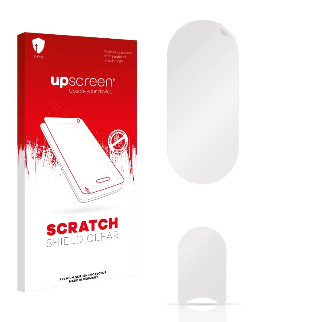 Parte frontal de un envase de producto con el logotipo de la marca upscreen. Al lado está el protector de pantalla correspondi