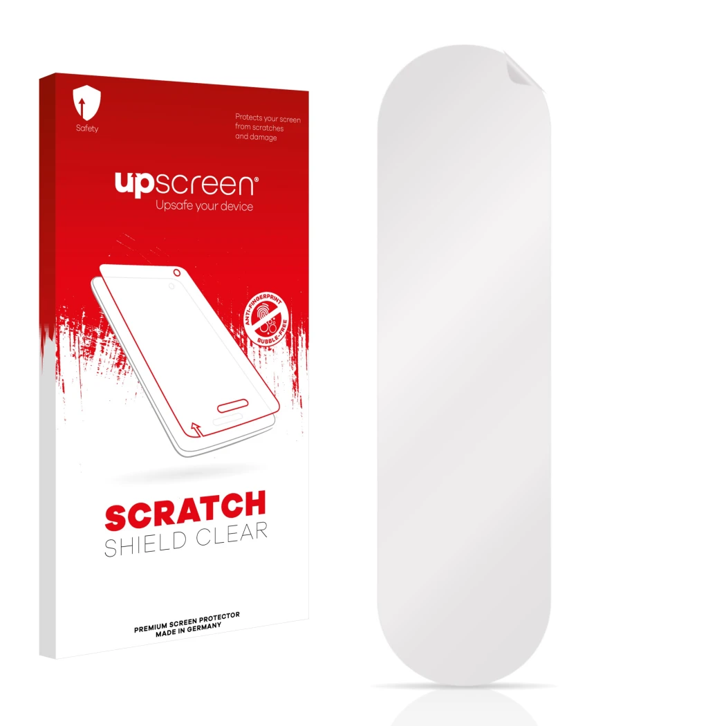 Parte frontal de un envase de producto con el logotipo de la marca upscreen. Al lado está el protector de pantalla correspondi