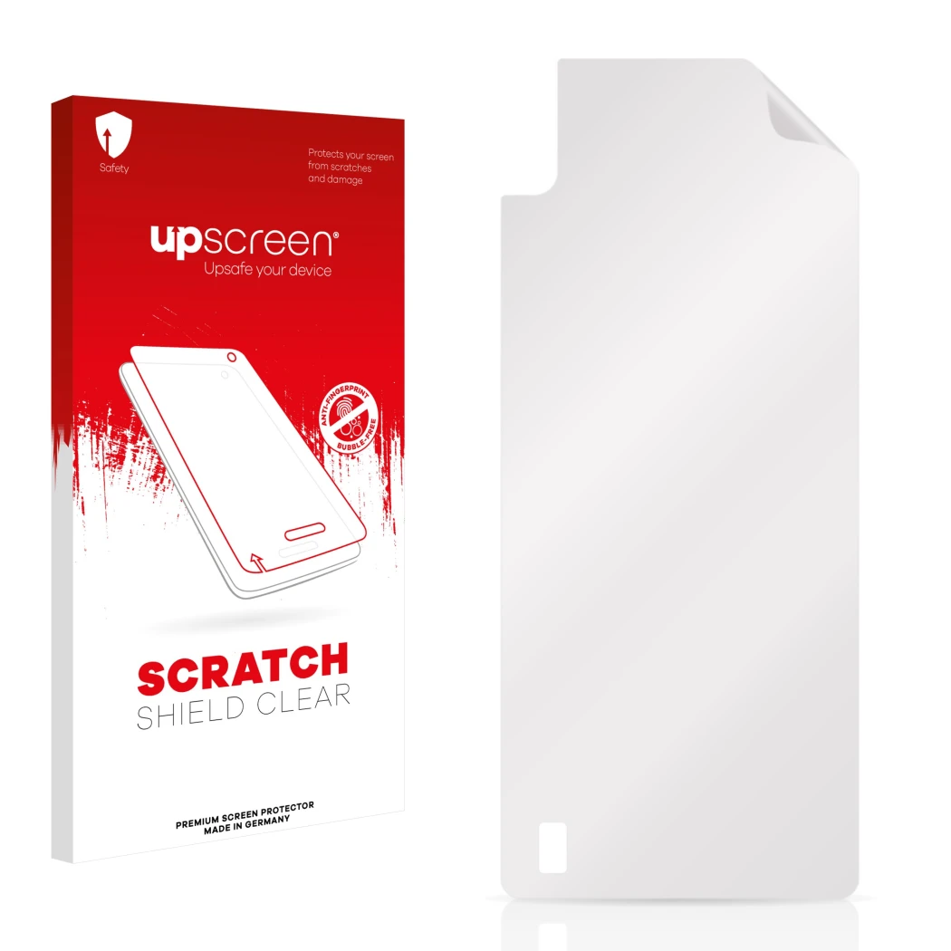 Parte frontal de un envase de producto con el logotipo de la marca upscreen. Al lado está el protector de pantalla correspondi
