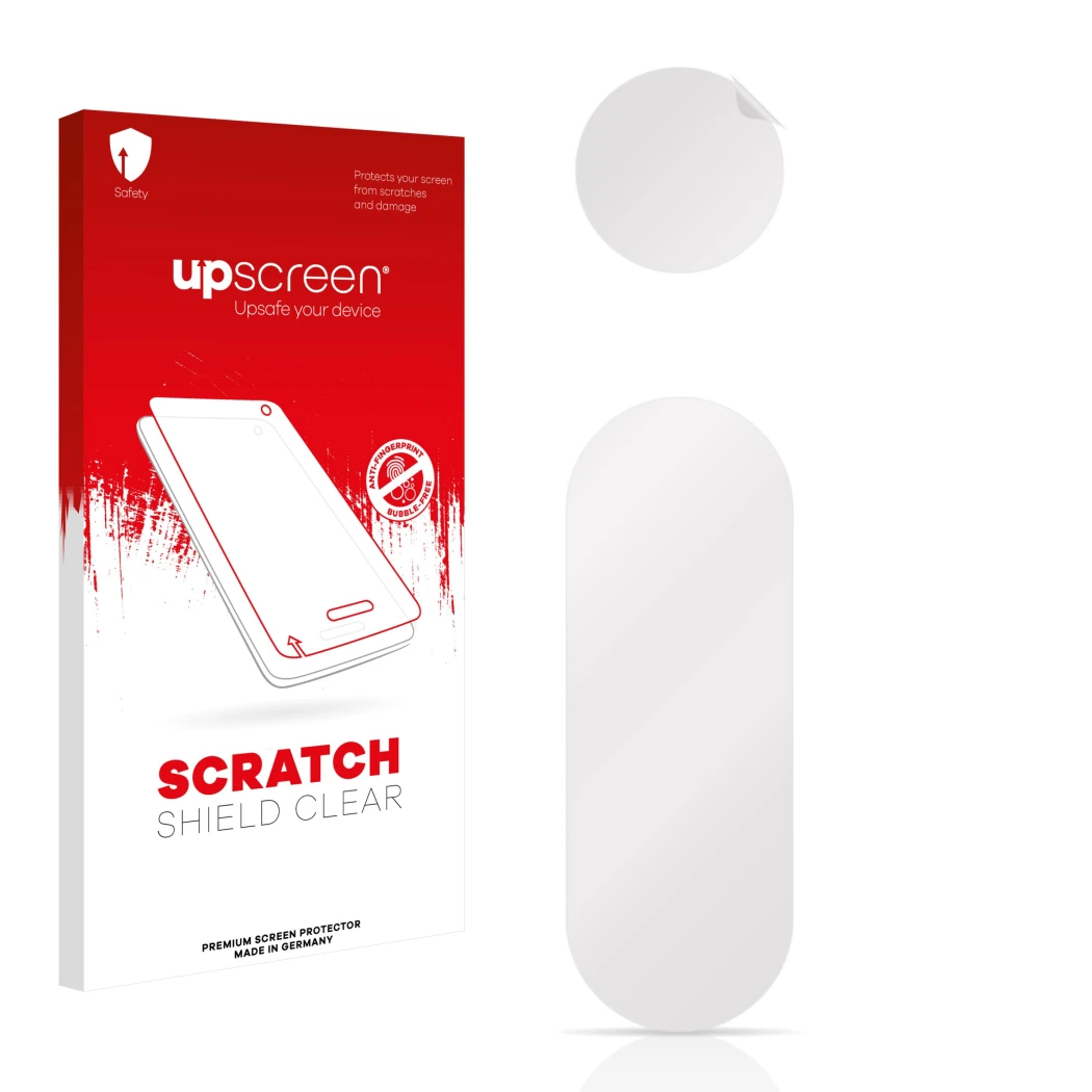 Parte frontal de un envase de producto con el logotipo de la marca upscreen. Al lado está el protector de pantalla correspondi