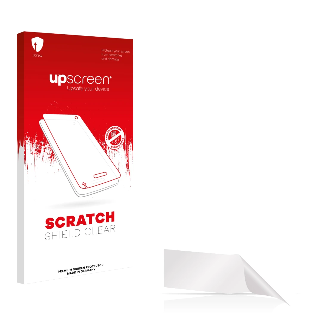 Parte frontal de un envase de producto con el logotipo de la marca upscreen. Al lado está el protector de pantalla correspondi