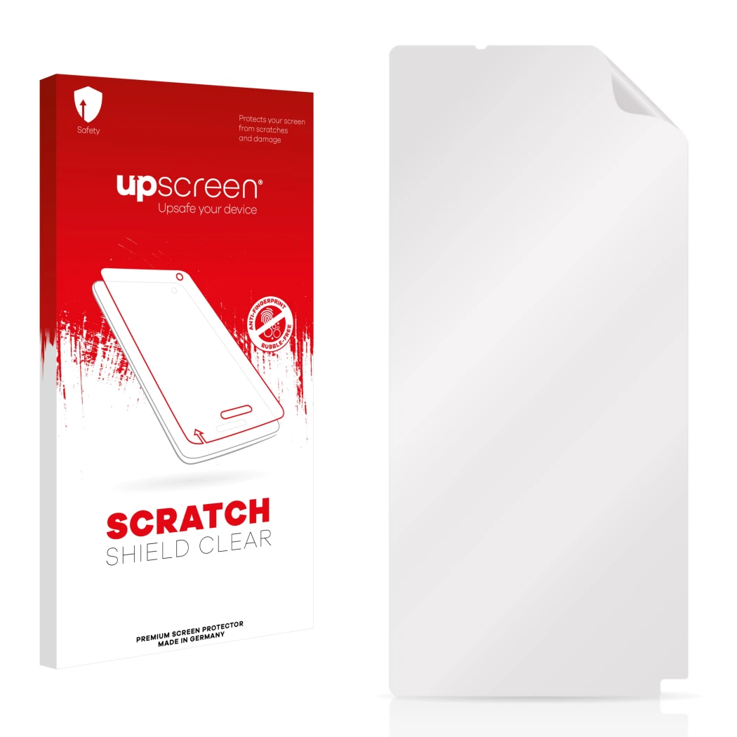 Parte frontal de un envase de producto con el logotipo de la marca upscreen. Al lado está el protector de pantalla correspondi