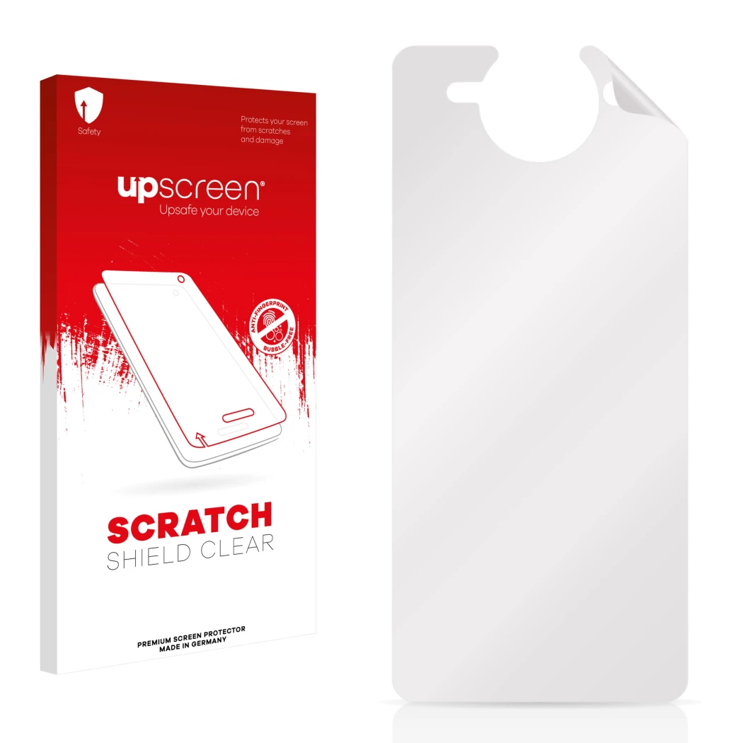 Parte frontal de un envase de producto con el logotipo de la marca upscreen. Al lado está el protector de pantalla correspondi