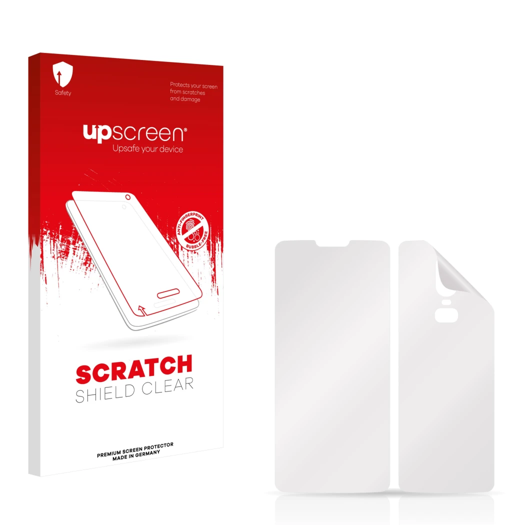 Parte frontal de un envase de producto con el logotipo de la marca upscreen. Al lado está el protector de pantalla correspondi
