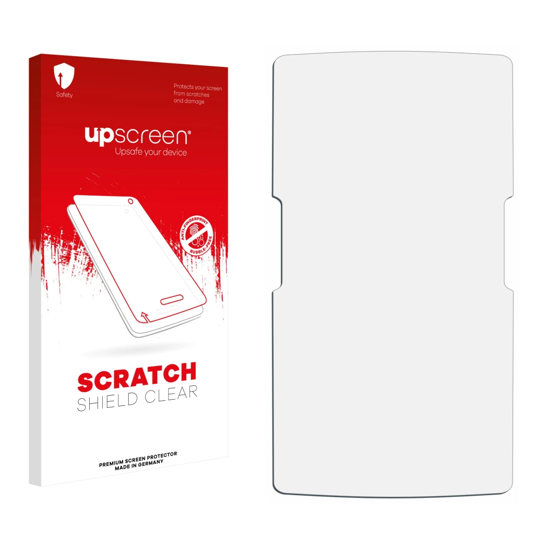 Parte frontal de un envase de producto con el logotipo de la marca upscreen. Al lado está el protector de pantalla correspondi