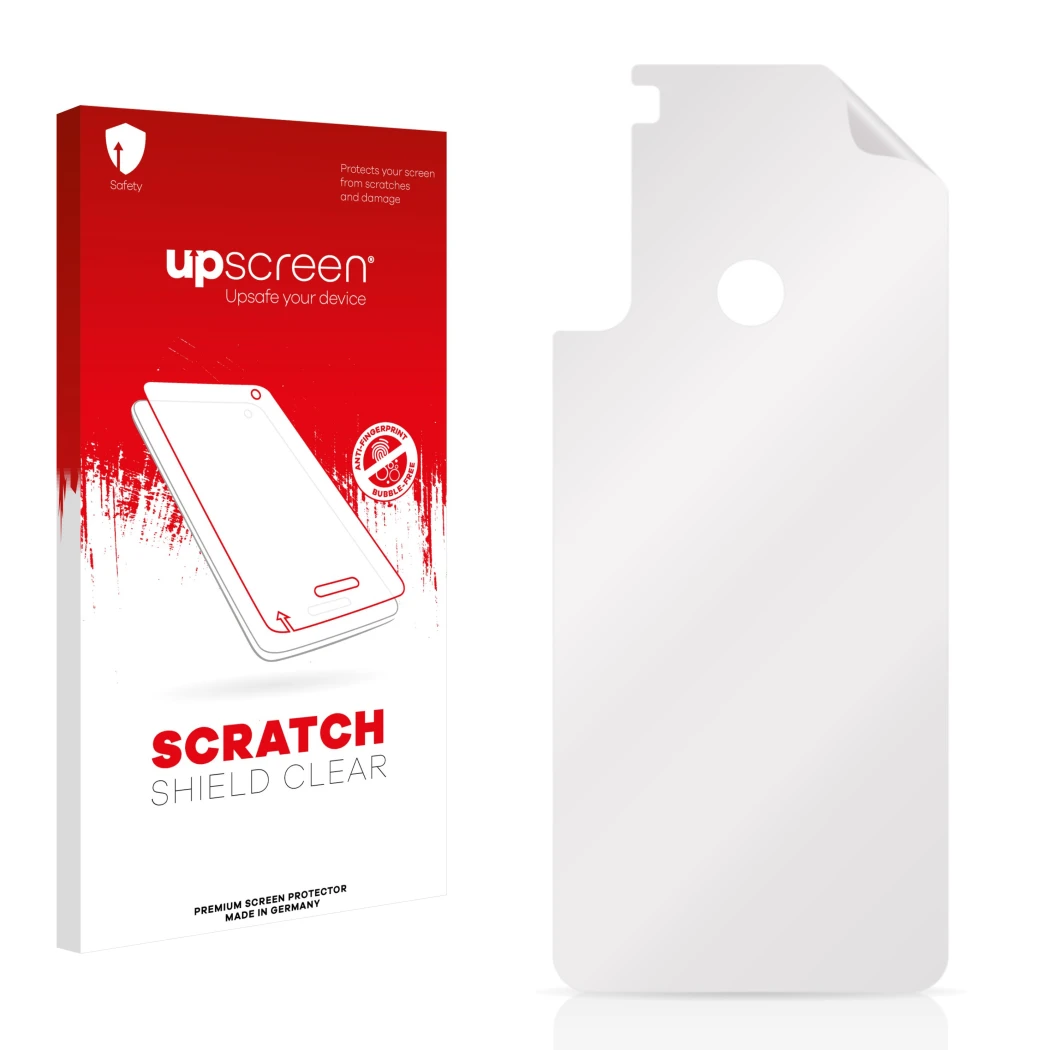 Parte frontal de un envase de producto con el logotipo de la marca upscreen. Al lado está el protector de pantalla correspondi