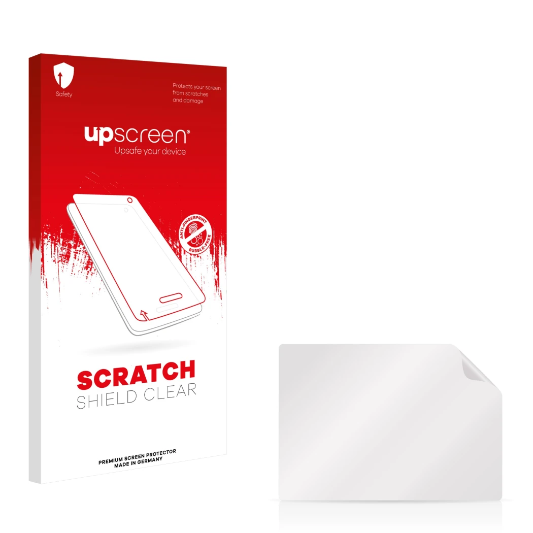 Parte frontal de un envase de producto con el logotipo de la marca upscreen. Al lado está el protector de pantalla correspondi