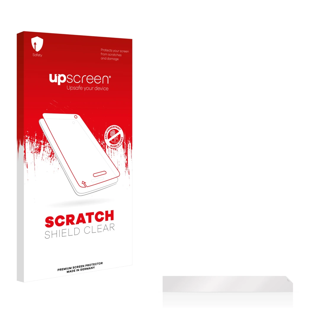 Parte frontal de un envase de producto con el logotipo de la marca upscreen. Al lado está el protector de pantalla correspondi
