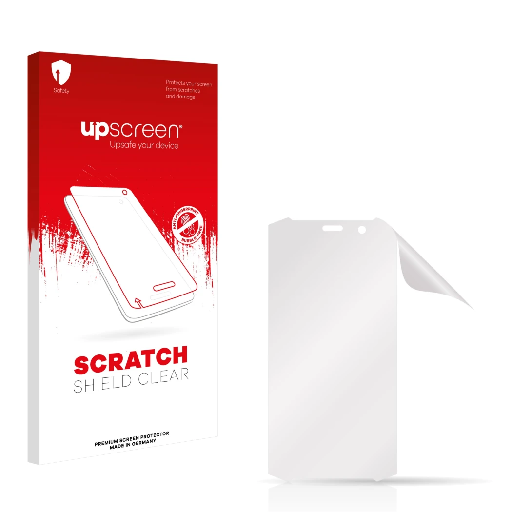Parte frontal de un envase de producto con el logotipo de la marca upscreen. Al lado está el protector de pantalla correspondi