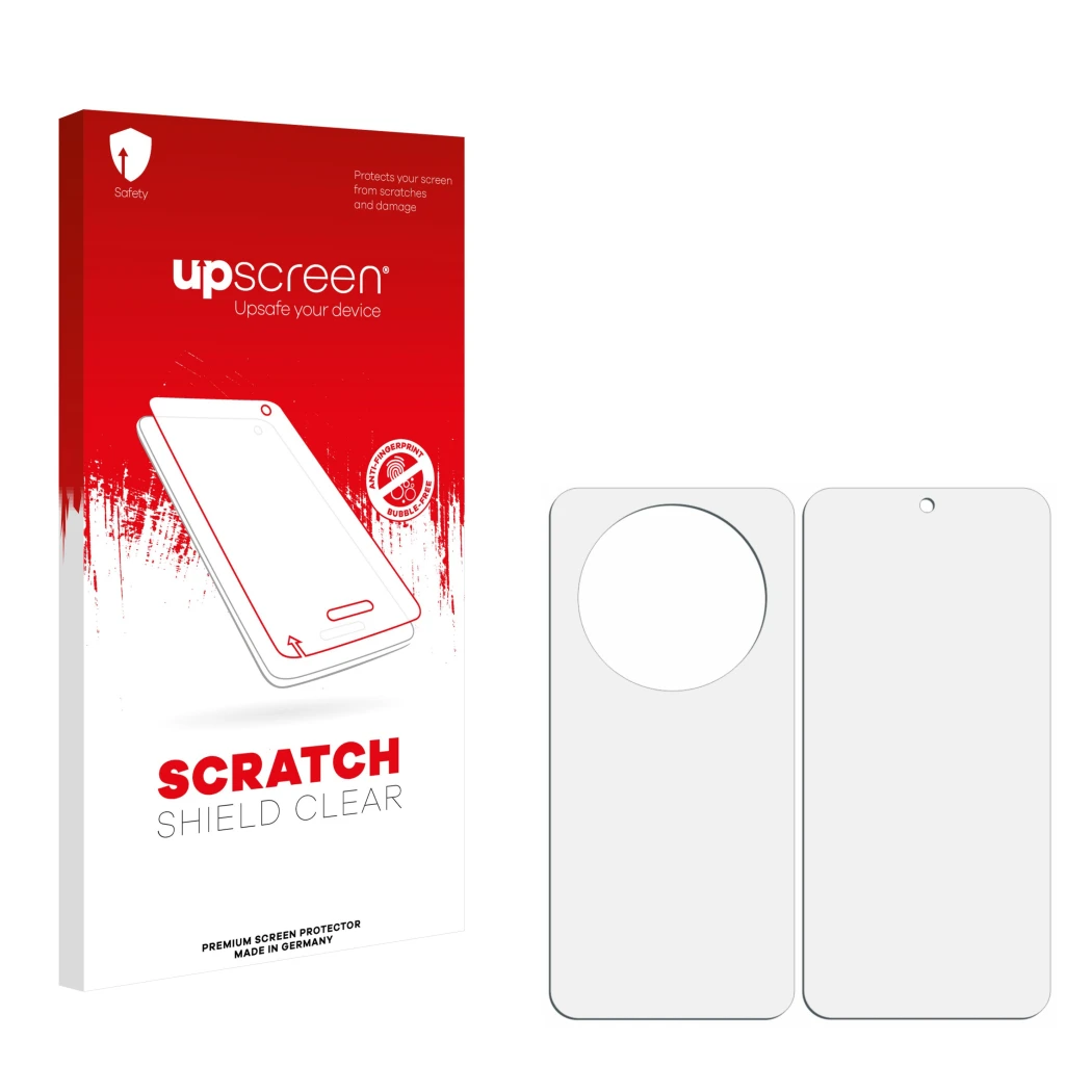 Parte frontal de un envase de producto con el logotipo de la marca upscreen. Al lado está el protector de pantalla correspondi