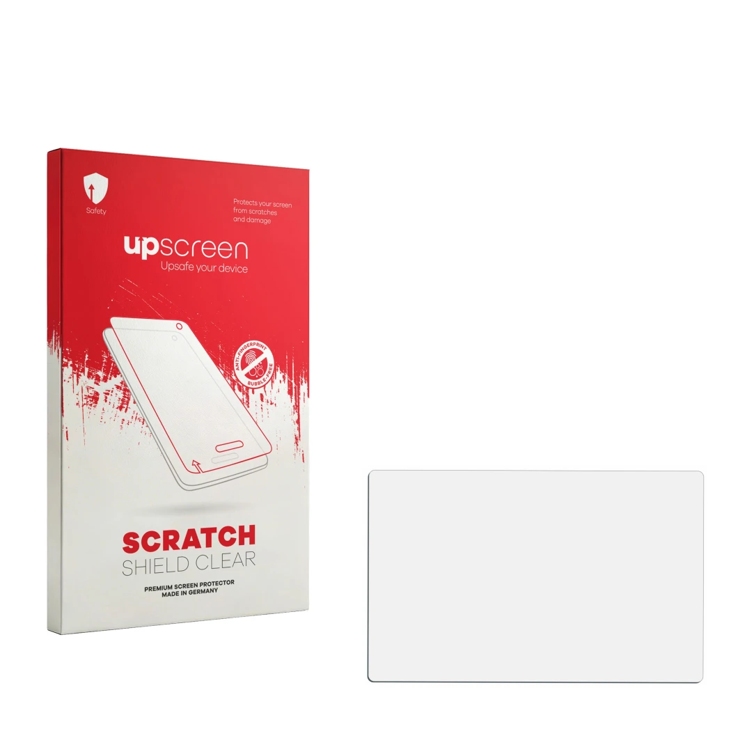 Parte frontal de un envase de producto con el logotipo de la marca upscreen. Al lado está el protector de pantalla correspondi