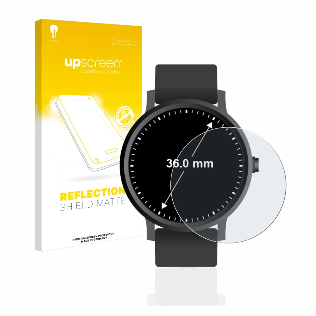 Parte frontal de un envase de producto con el logotipo de la marca upscreen. Al lado se muestra el dispositivo Relojes (Circul