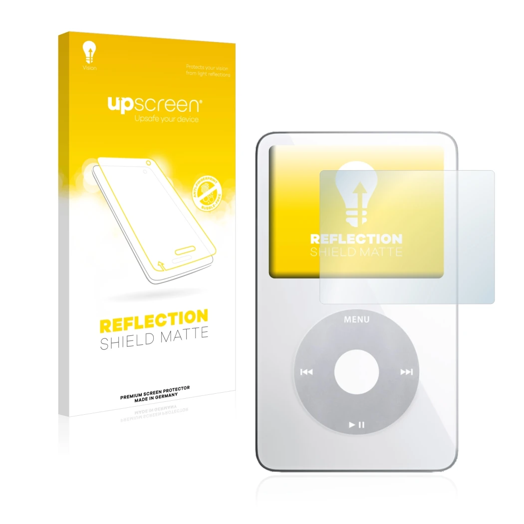 Parte frontal de un envase de producto con el logotipo de la marca upscreen. Al lado se muestra el dispositivo Apple iPod clas
