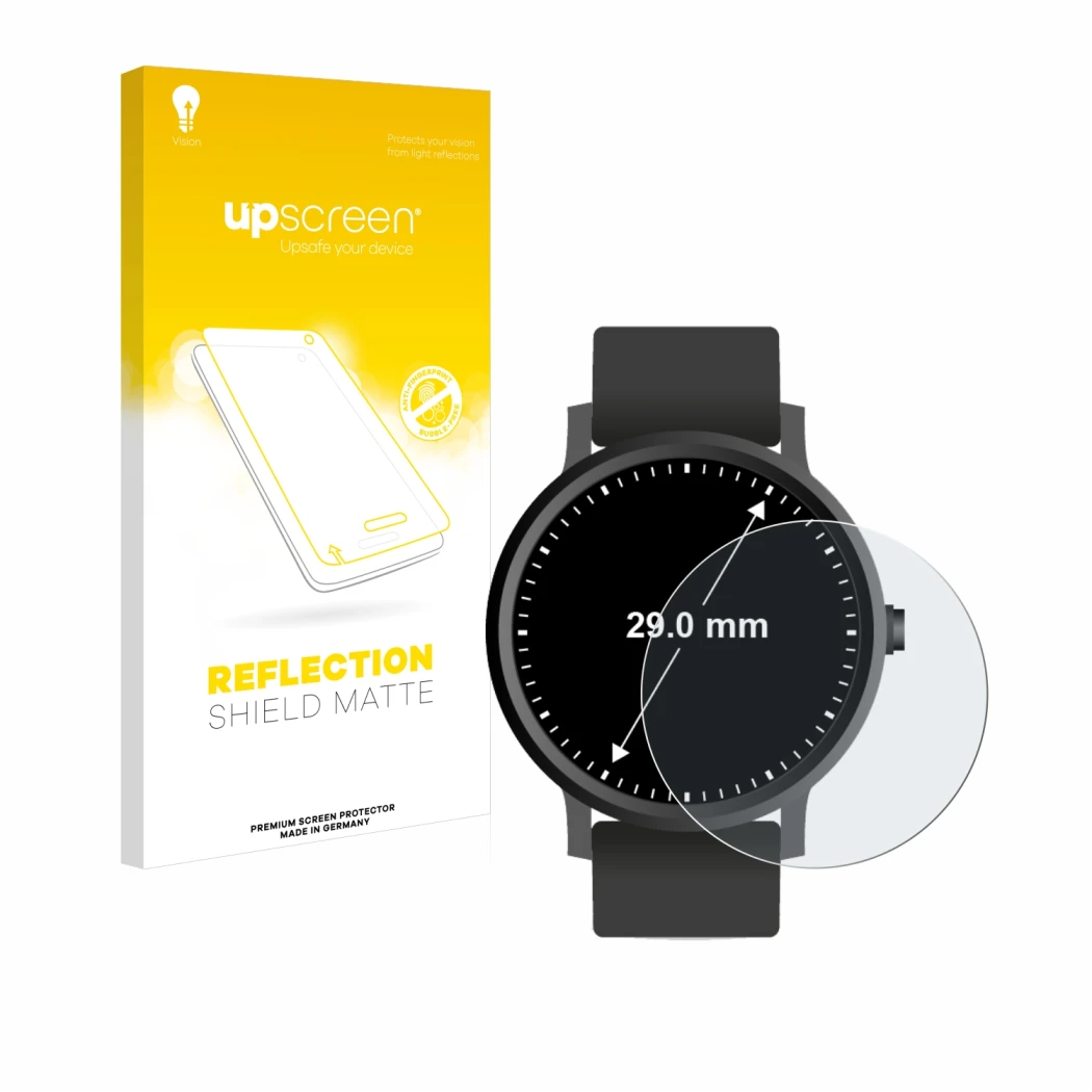 Parte frontal de un envase de producto con el logotipo de la marca upscreen. Al lado se muestra el dispositivo Relojes (Circul