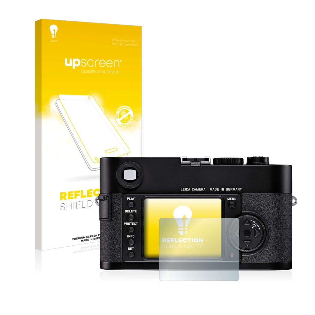 Parte frontal de un envase de producto con el logotipo de la marca upscreen. Al lado se muestra el dispositivo Leica M8 con su