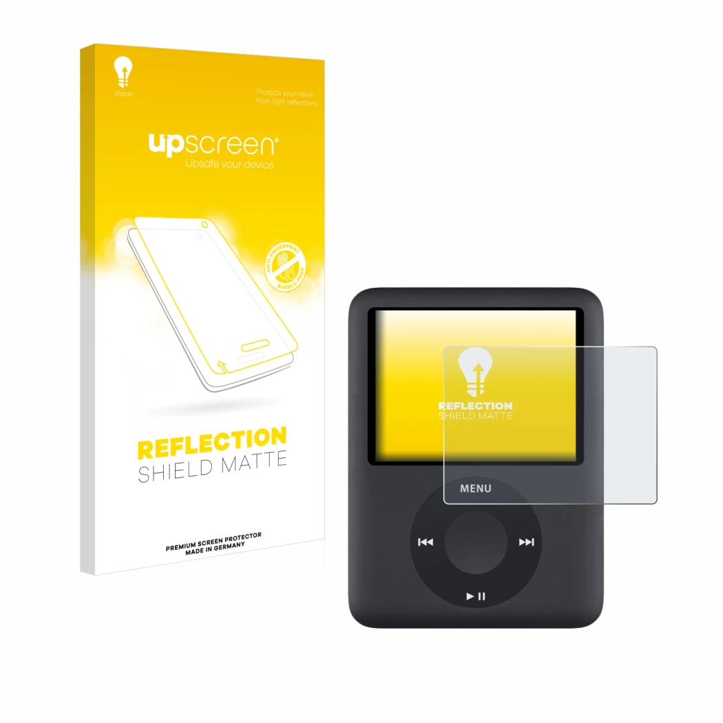 Parte frontal de un envase de producto con el logotipo de la marca upscreen. Al lado se muestra el dispositivo Apple iPod nano