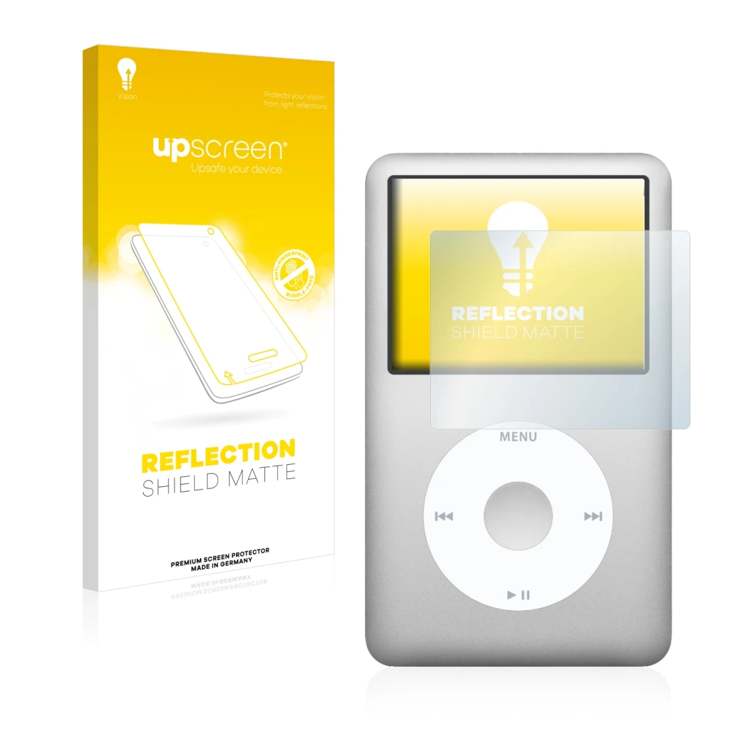 Parte frontal de un envase de producto con el logotipo de la marca upscreen. Al lado se muestra el dispositivo Apple iPod Clas