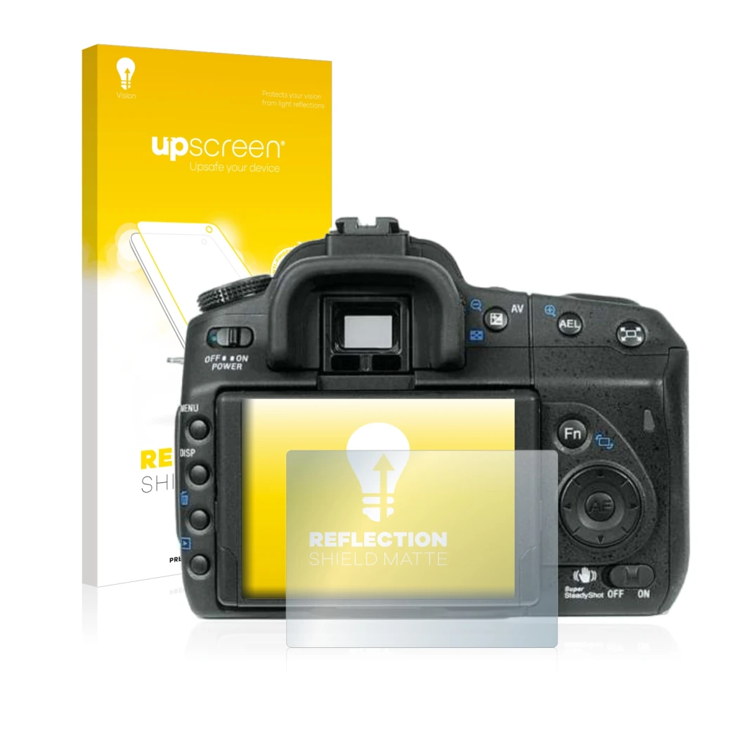 Parte frontal de un envase de producto con el logotipo de la marca upscreen. Al lado se muestra el dispositivo Sony Alpha 350
