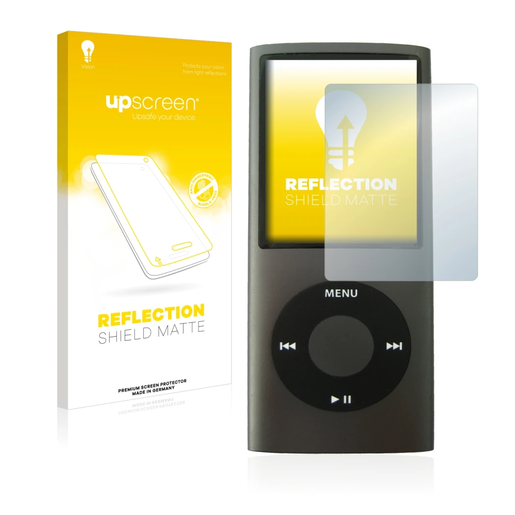 Parte frontal de un envase de producto con el logotipo de la marca upscreen. Al lado se muestra el dispositivo Apple iPod nano