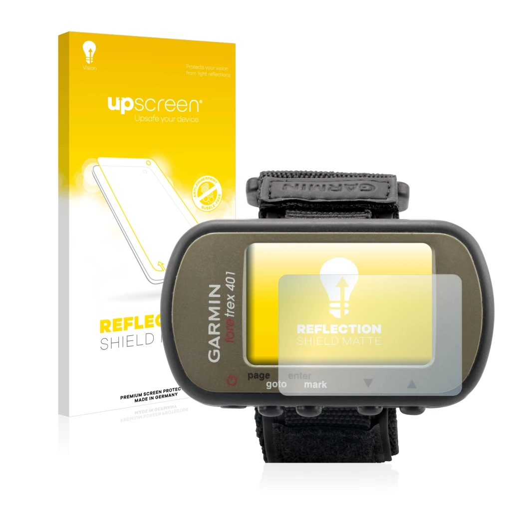 Parte frontal de un envase de producto con el logotipo de la marca upscreen. Al lado se muestra el dispositivo Garmin Foretrex