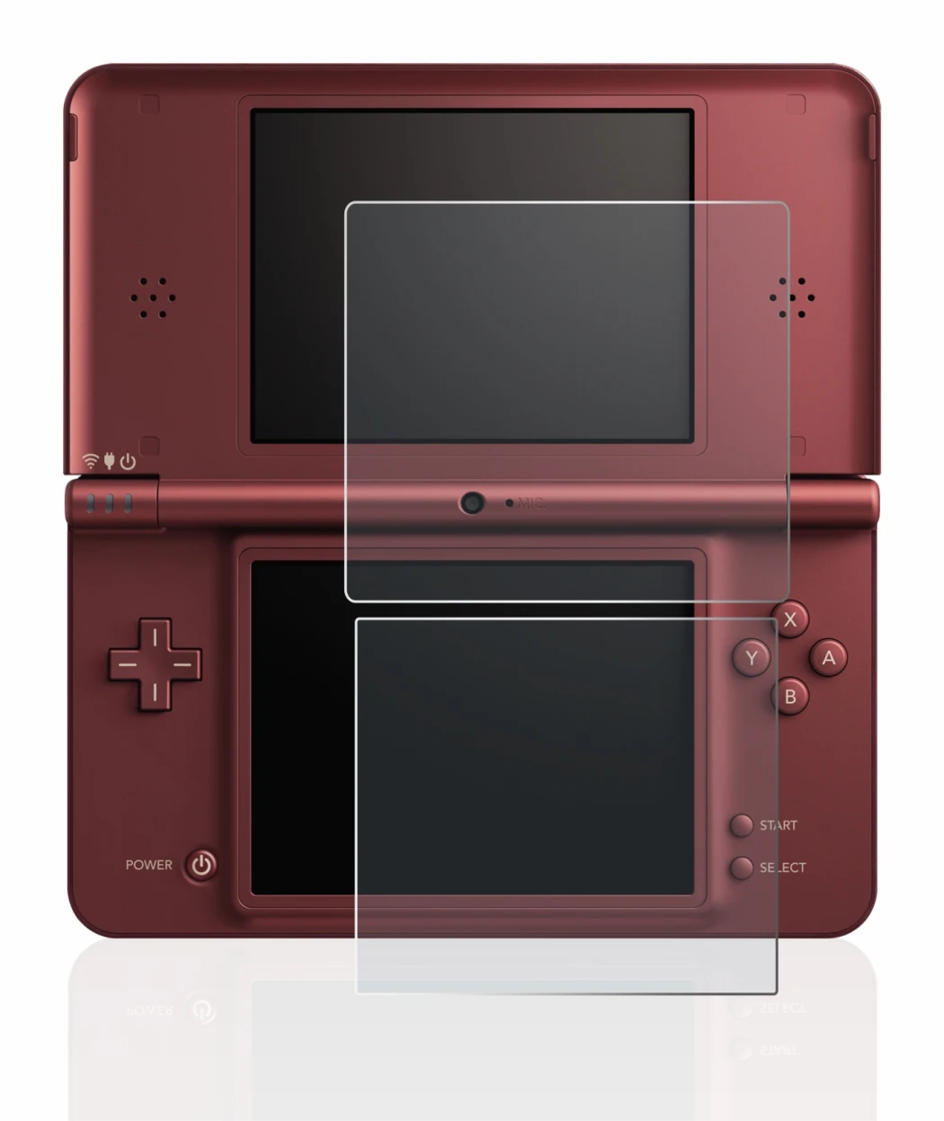 Imagen del dispositivo Nintendo DSi XL con una amplia variedad de protectores de pantalla.