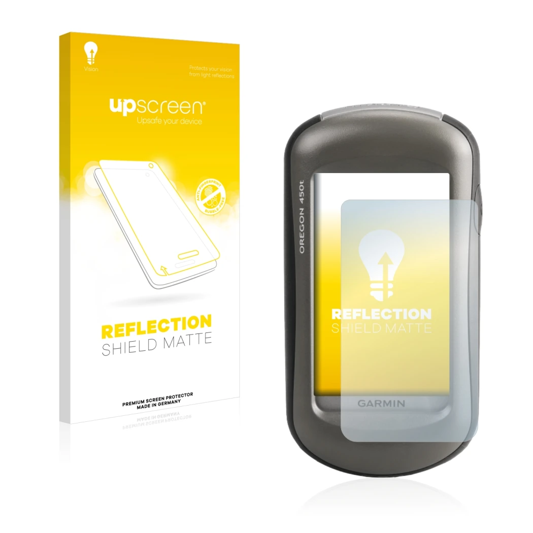 Parte frontal de un envase de producto con el logotipo de la marca upscreen. Al lado se muestra el dispositivo Garmin Oregon 4