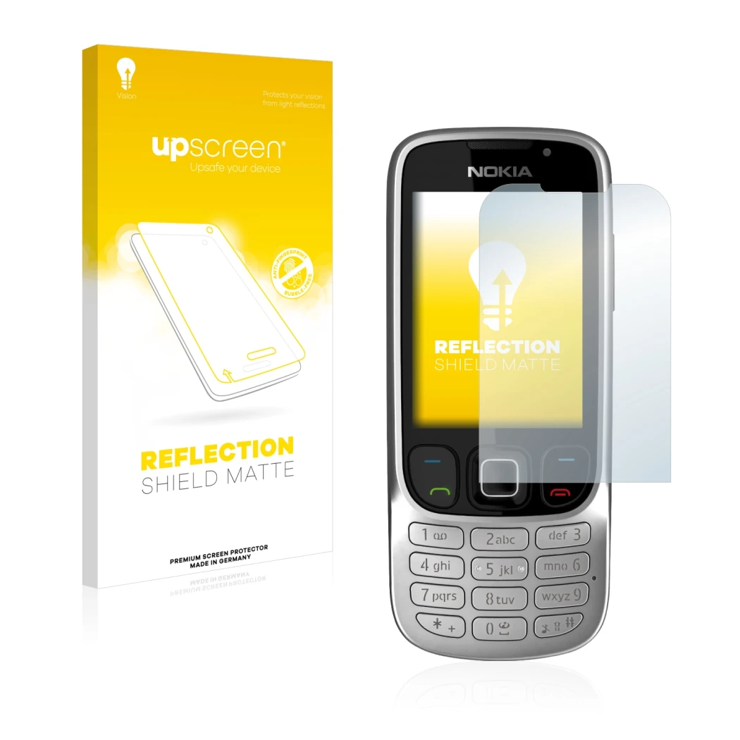 Parte frontal de un envase de producto con el logotipo de la marca upscreen. Al lado se muestra el dispositivo Nokia 6303i cla