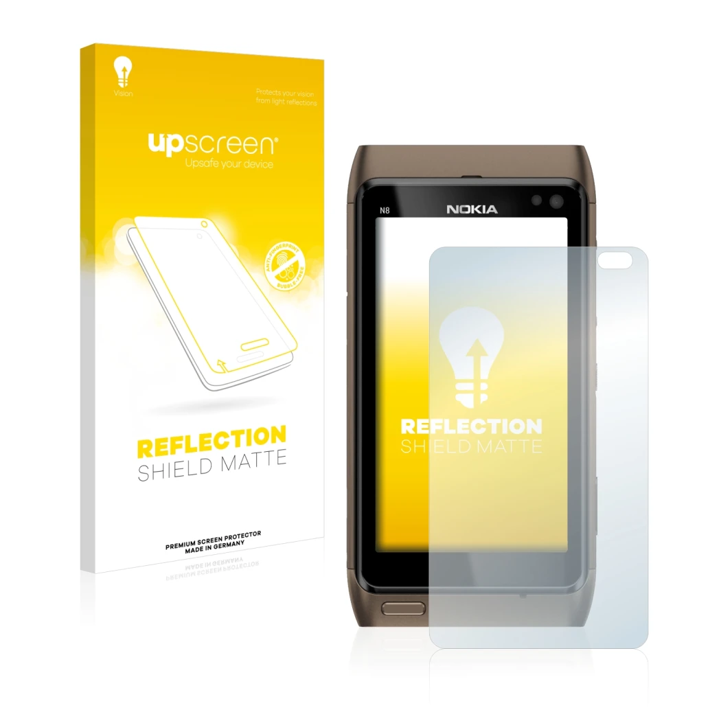 Parte frontal de un envase de producto con el logotipo de la marca upscreen. Al lado se muestra el dispositivo Nokia n8 con su