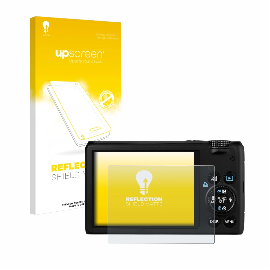 Parte frontal de un envase de producto con el logotipo de la marca upscreen. Al lado se muestra el dispositivo Canon PowerShot