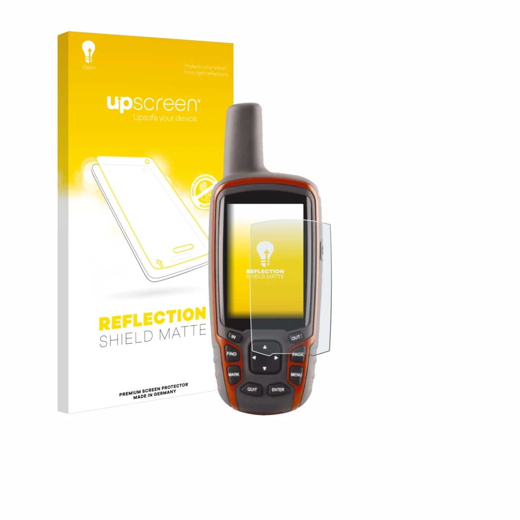 Parte frontal de un envase de producto con el logotipo de la marca upscreen. Al lado se muestra el dispositivo Garmin GPSMAP 6