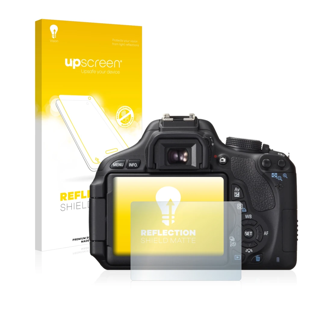 Parte frontal de un envase de producto con el logotipo de la marca upscreen. Al lado se muestra el dispositivo Canon EOS 600D