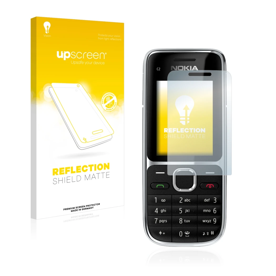Parte frontal de un envase de producto con el logotipo de la marca upscreen. Al lado se muestra el dispositivo Nokia C2-01 con