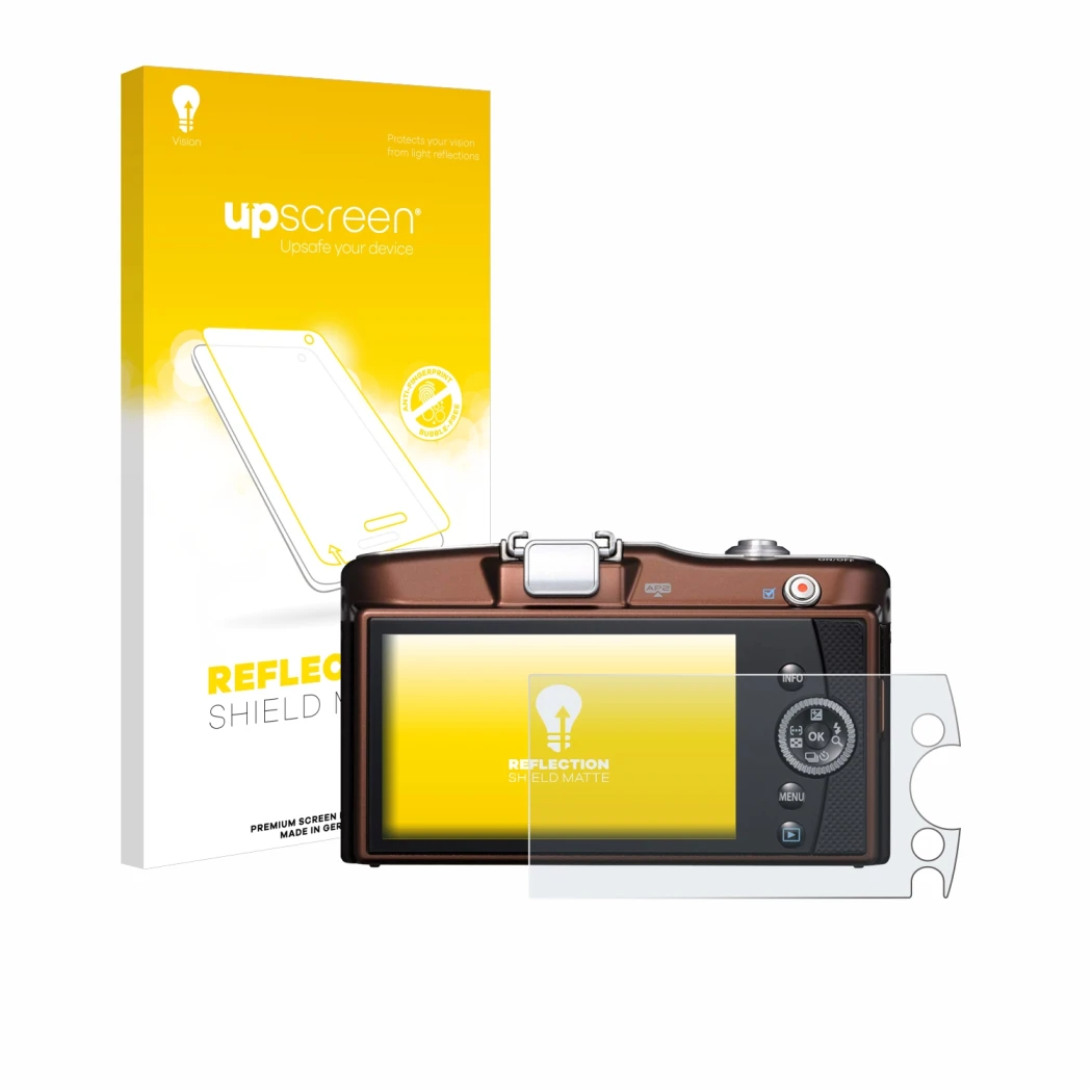 Parte frontal de un envase de producto con el logotipo de la marca upscreen. Al lado se muestra el dispositivo Olympus PEN E-P