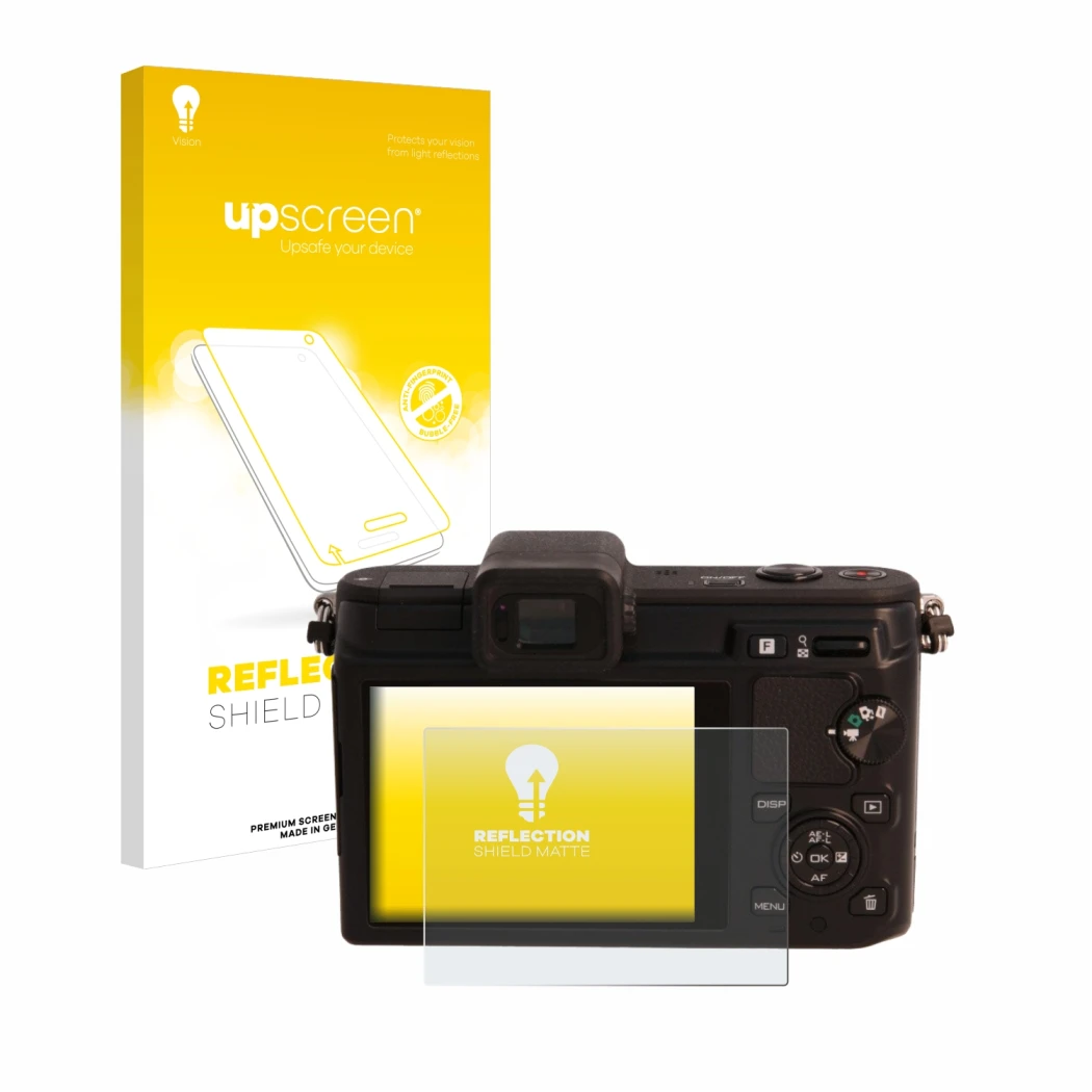 Parte frontal de un envase de producto con el logotipo de la marca upscreen. Al lado se muestra el dispositivo Nikon 1 V1 con