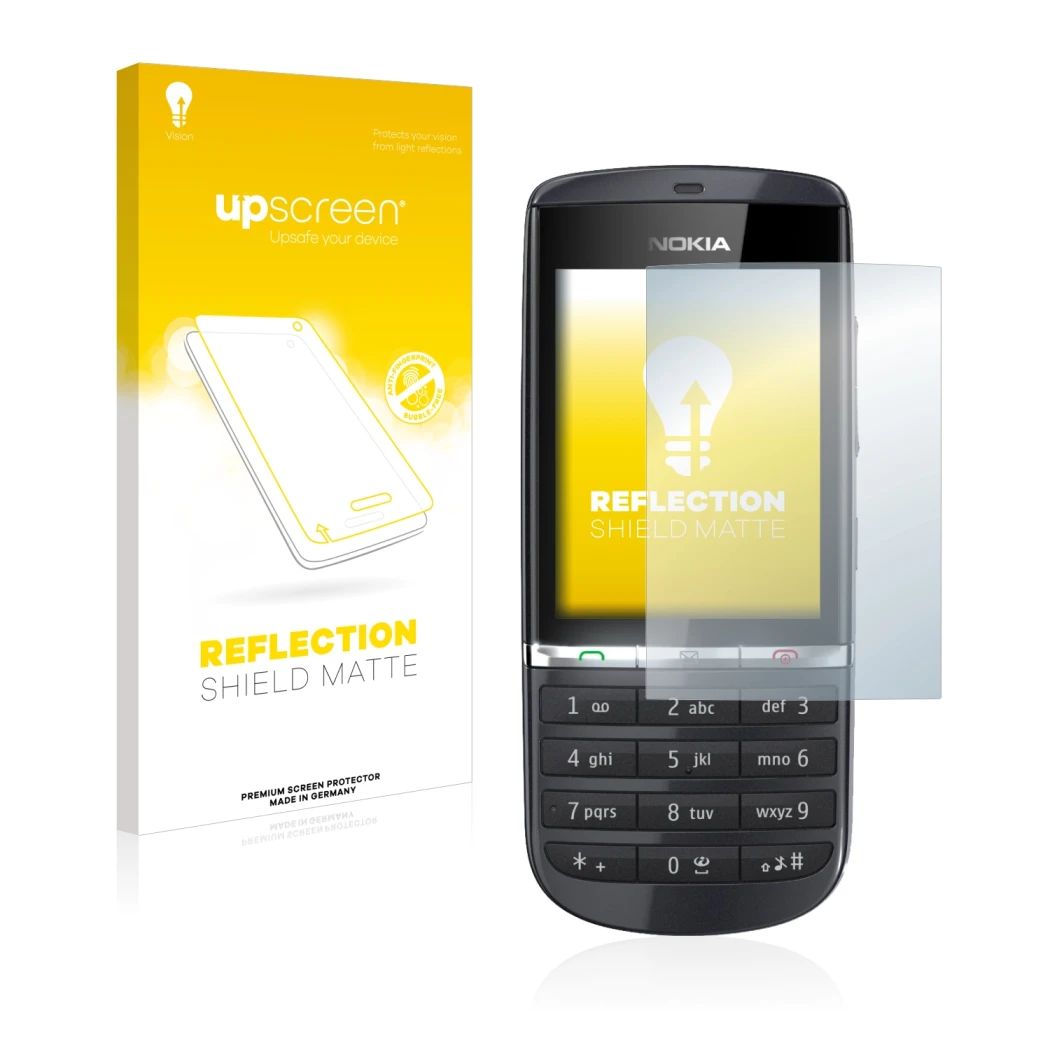 Parte frontal de un envase de producto con el logotipo de la marca upscreen. Al lado se muestra el dispositivo Nokia Asha 300