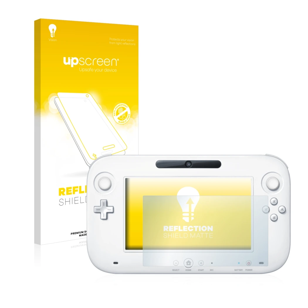 Parte frontal de un envase de producto con el logotipo de la marca upscreen. Al lado se muestra el dispositivo Nintendo Wii U