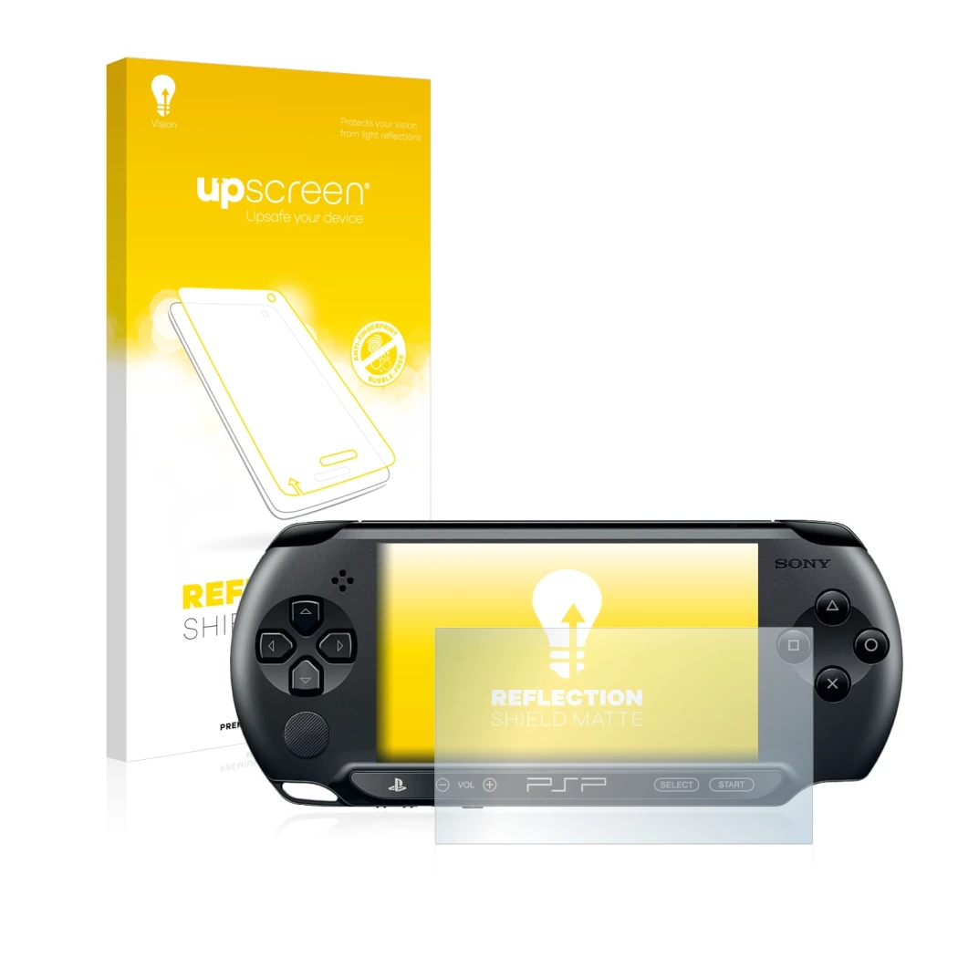 Parte frontal de un envase de producto con el logotipo de la marca upscreen. Al lado se muestra el dispositivo Sony PSP Street