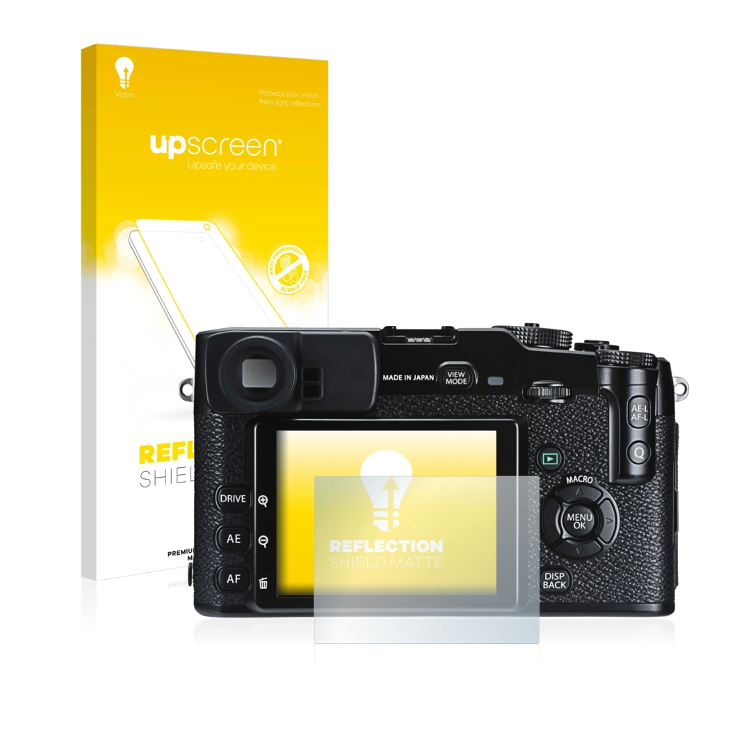 Parte frontal de un envase de producto con el logotipo de la marca upscreen. Al lado se muestra el dispositivo Fujifilm X-Pro1