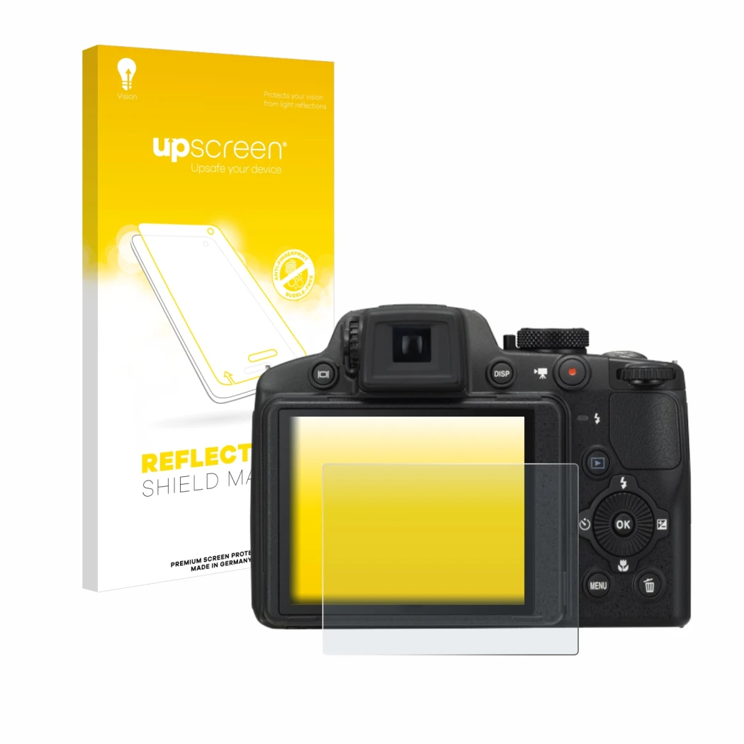 Parte frontal de un envase de producto con el logotipo de la marca upscreen. Al lado se muestra el dispositivo Nikon Coolpix P