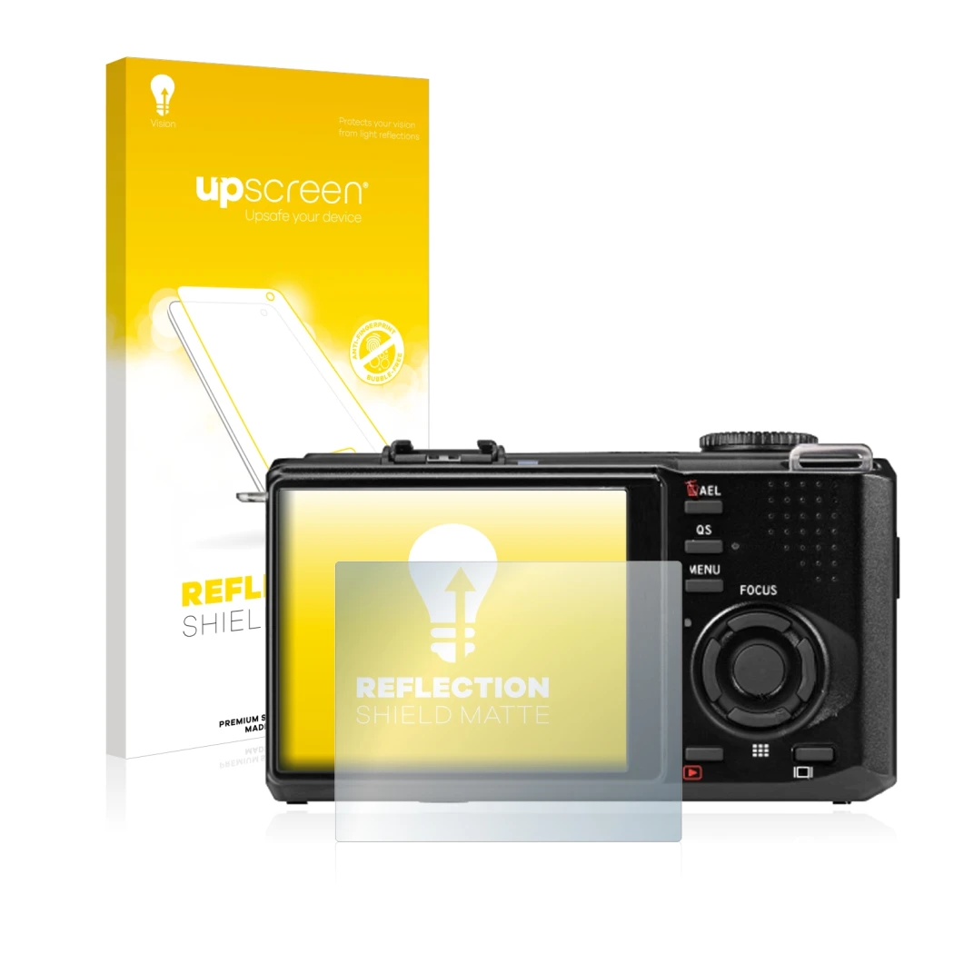 Parte frontal de un envase de producto con el logotipo de la marca upscreen. Al lado se muestra el dispositivo Sigma DP2 Merri