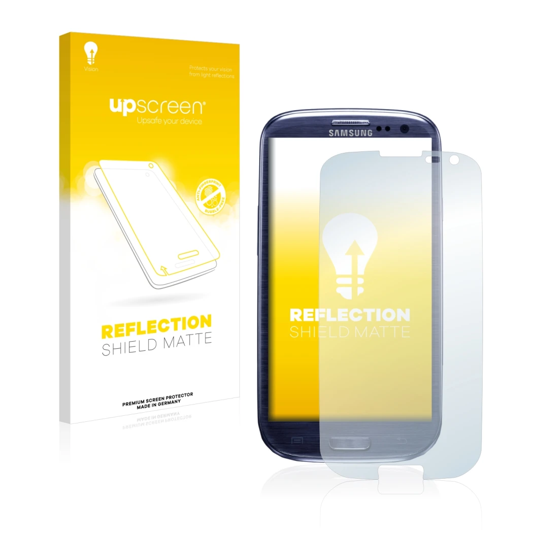 Parte frontal de un envase de producto con el logotipo de la marca upscreen. Al lado se muestra el dispositivo Samsung Galaxy