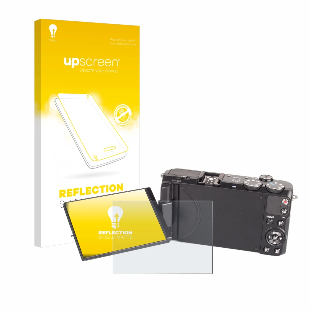 Parte frontal de un envase de producto con el logotipo de la marca upscreen. Al lado se muestra el dispositivo Samsung EX2F co