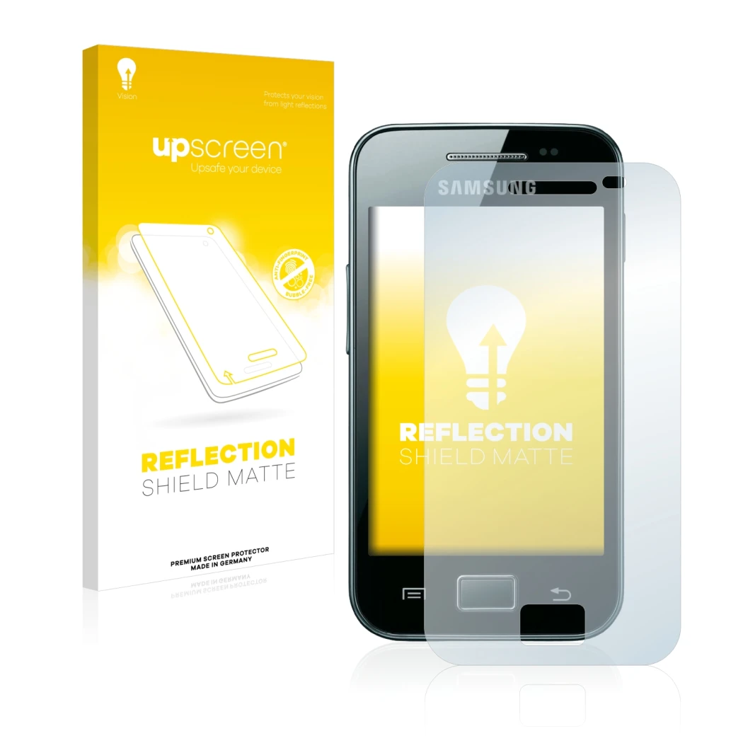 Parte frontal de un envase de producto con el logotipo de la marca upscreen. Al lado se muestra el dispositivo Samsung Galaxy