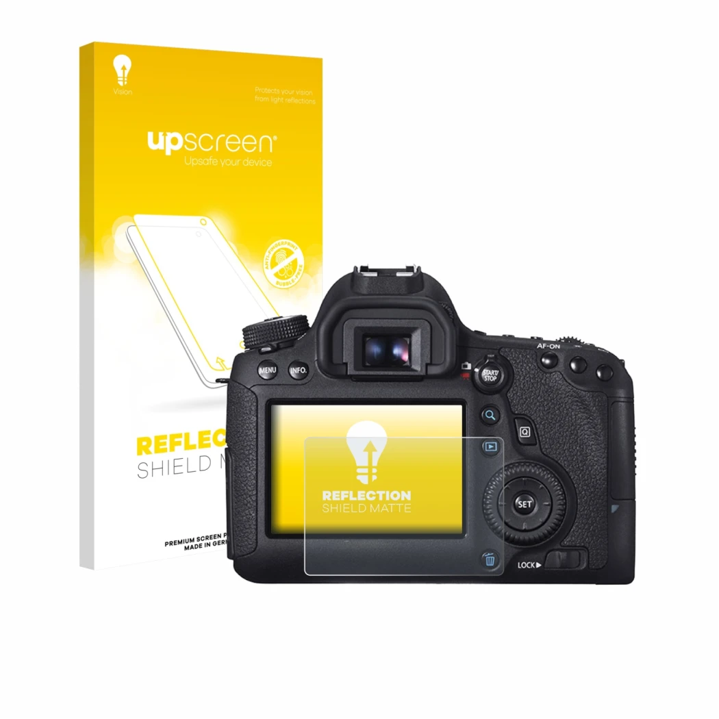 Parte frontal de un envase de producto con el logotipo de la marca upscreen. Al lado se muestra el dispositivo Canon EOS 6D co