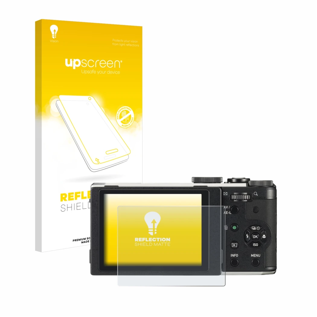 Parte frontal de un envase de producto con el logotipo de la marca upscreen. Al lado se muestra el dispositivo Pentax MX-1 con