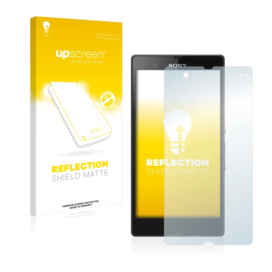 Parte frontal de un envase de producto con el logotipo de la marca upscreen. Al lado se muestra el dispositivo Sony Xperia Z C
