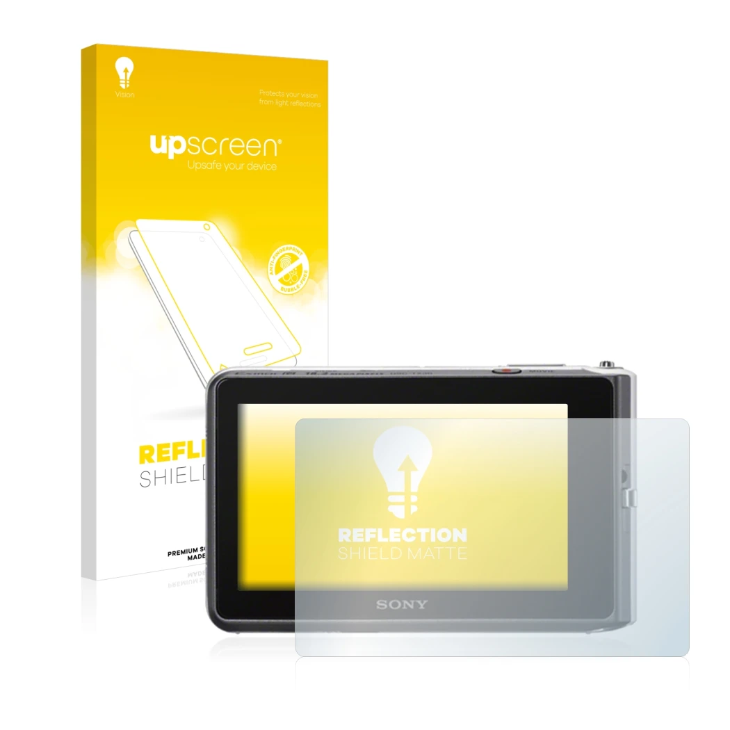 Parte frontal de un envase de producto con el logotipo de la marca upscreen. Al lado se muestra el dispositivo Sony Cyber-Shot