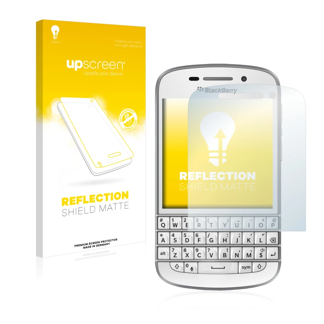 Parte frontal de un envase de producto con el logotipo de la marca upscreen. Al lado se muestra el dispositivo BlackBerry Q10