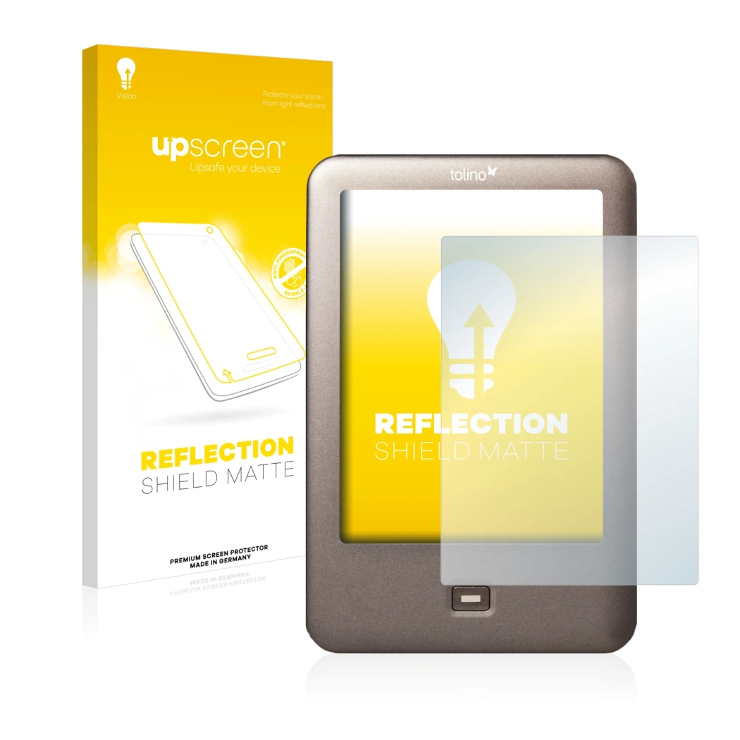 Parte frontal de un envase de producto con el logotipo de la marca upscreen. Al lado se muestra el dispositivo Tolino Shine co