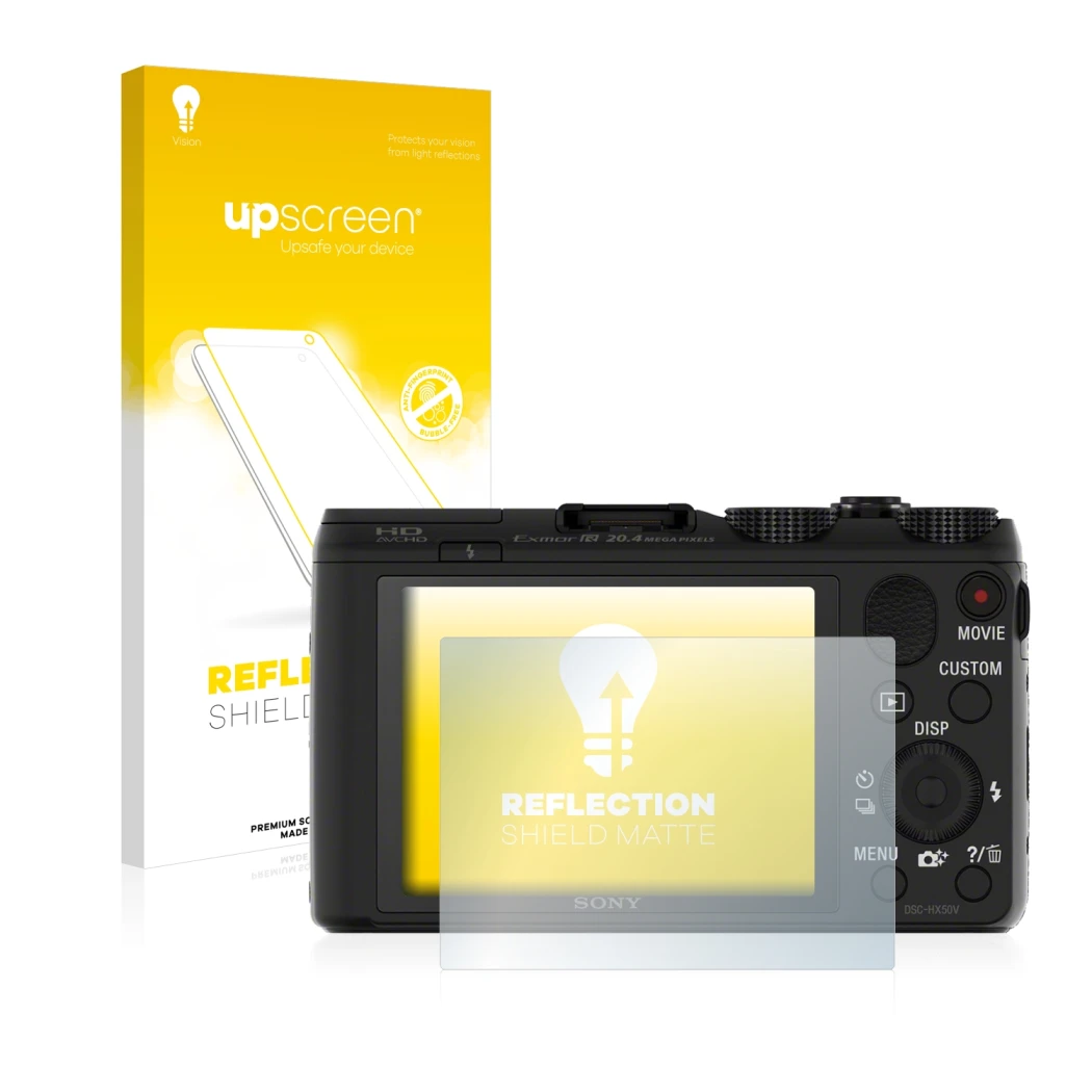 Parte frontal de un envase de producto con el logotipo de la marca upscreen. Al lado se muestra el dispositivo Sony Cyber-Shot